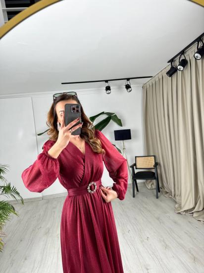 Bordo Kuşaklı Parıltılı Kumaş Astarlı Midi Boy Elbise
