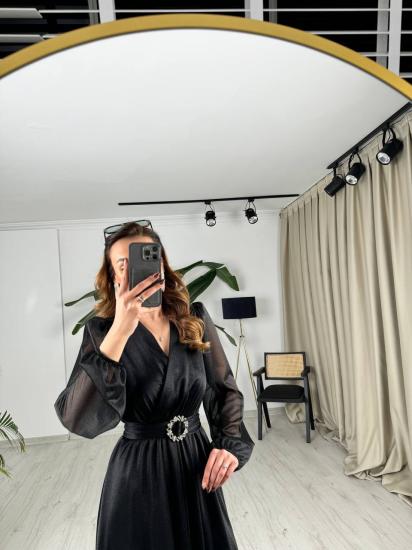Siyah Kuşaklı Parıltılı Kumaş Astarlı Midi Boy Elbise