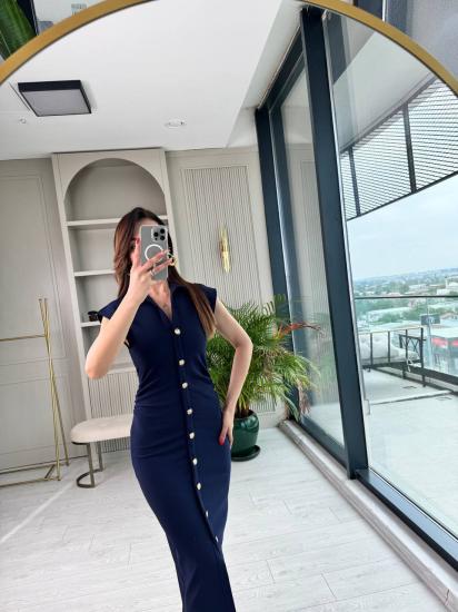 Lacivert Düğme Detaylı Zara Model Bel Drapeli Elbise