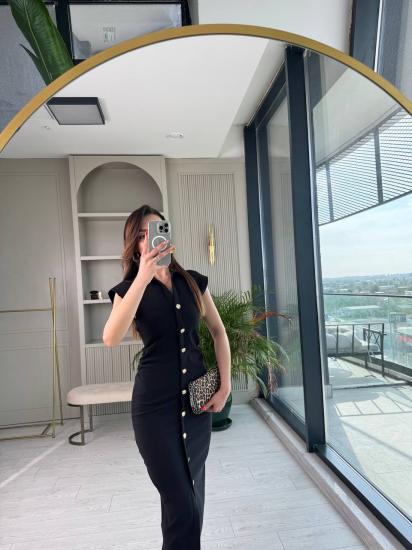 Siyah Düğme Detaylı Zara Model Bel Drapeli Elbise