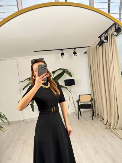 Siyah Kuşak Kemerli Dik Yaka Midi Boy Krep Kumaş Elbise