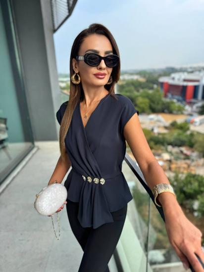 Tasarım Lacivert Bel Detaylı Double Krep Kumaş Bluz