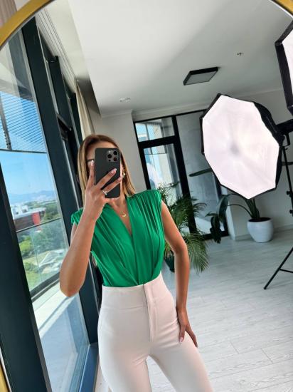 Yeşil Vatkalı Lüks Kalite Bodysuit Bluz
