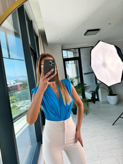 Mavi Vatkalı Lüks Kalite Bodysuit Bluz