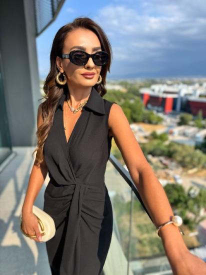 Siyah Bel Drapeli İpekli Krep Kumaş Elbise