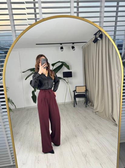 Bordo Premium İthal Krep Kumaş Beli Lastikli Palazzo Pantolon
