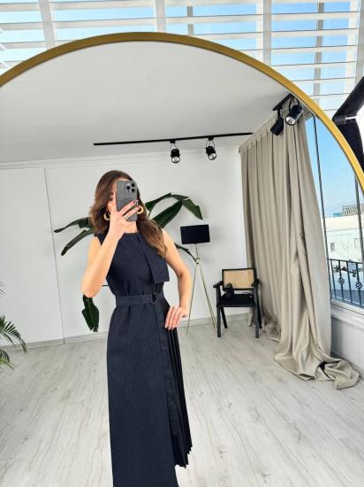 Premium Seri Tasarım Pilise Detay Jean Kumaş Elbise