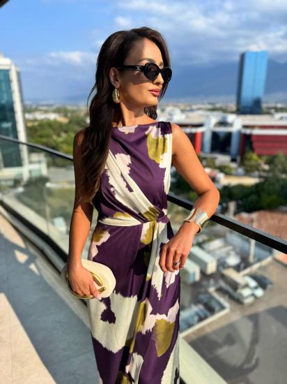 Mor Desenli Zara Model Lüks Pamuk Saten Elbise