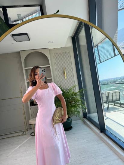 Pembe Astarlı Tensel Kumaş Astarlı Midi Elbise
