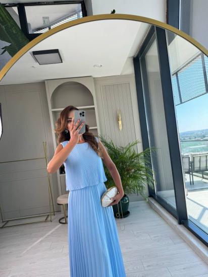 Mavi Piliseli Astarlı Premium Şifon Kumaş Elbise