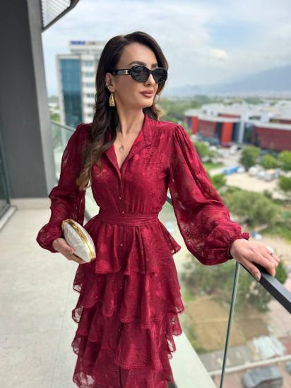 Tasarım Bordo Eteği Kat Kat Astarlı Elbise