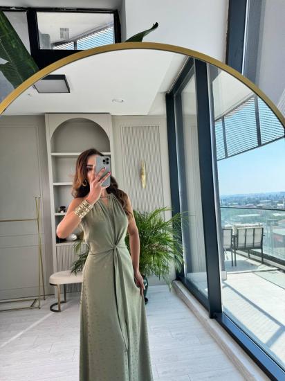 Haki Yeşil Desenli Bağlama Detaylı Halter Yaka Pamuk Saten Elbise