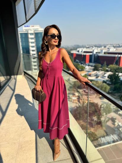 Bordo Yaka Detaylı Lüks Kalite Tok Keten Elbise