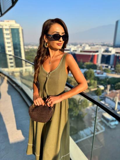 Haki Yaka Detaylı Lüks Kalite Tok Keten Elbise