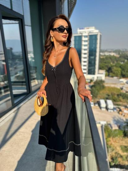 Siyah Yaka Detaylı Lüks Kalite Tok Keten Elbise