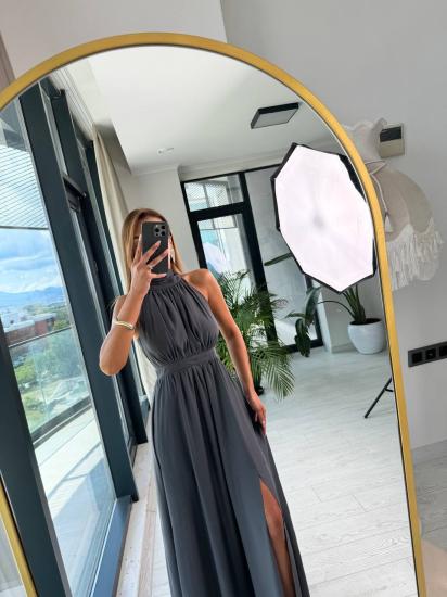 Gri Tasarım Lüks Kalite Astarlı Saten Elbise