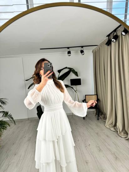 Tasarım Beyaz Astarlı Beli Korsajlı Valencia Şifon Elbise