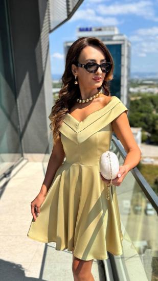 Tasarım Yağ Yeşili Yaka Detay Lüks Kalite Saten Elbise