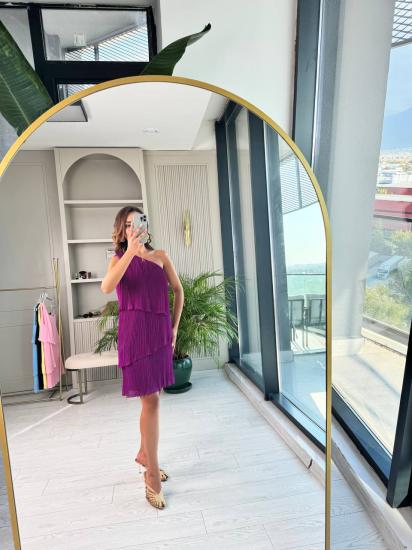 Mor Tek Kol İnce Piliseli Astarlı Şifon Elbise