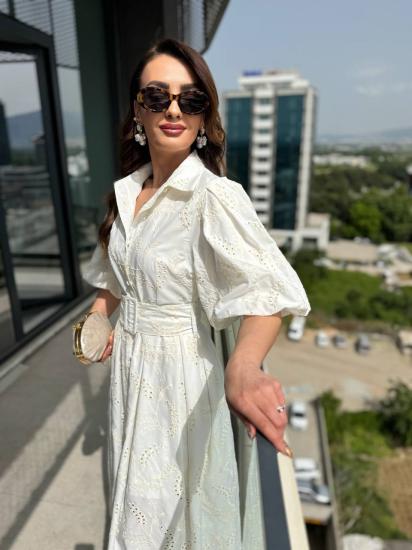Beyaz Kemerli %100 Pamuk Astarlı Premium Seri Elbise