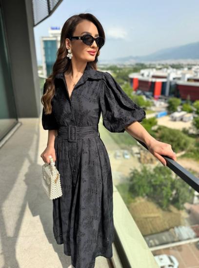 Siyah Kemerli %100 Pamuk Astarlı Premium Seri Elbise