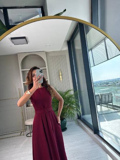 Bordo Kemerli Cepli Atlas Kumaş Elbise