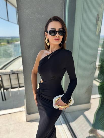 Siyah Bel Detaylı İthal Likralı Candy Kumaş Elbise