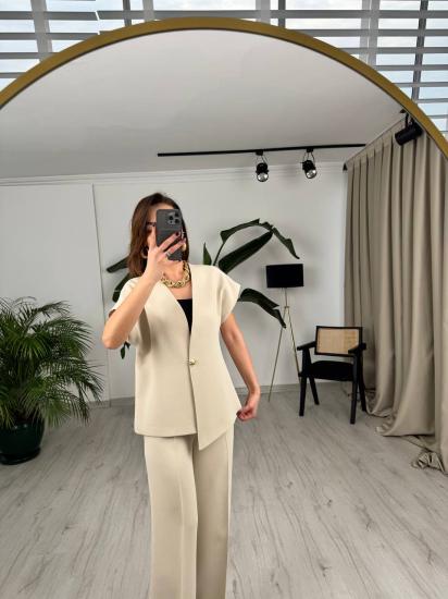 Taş Rengi Tok Krep Kumaş Gold Düğme Ceket Pantolon Takım