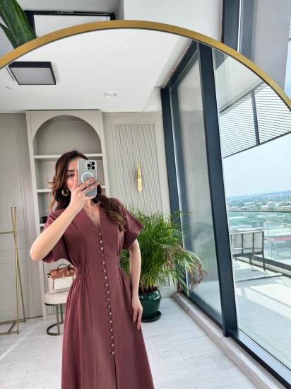 Kiremit %100 Pamuklu Tok Keten Düğmeli Beli Lastikli Elbise