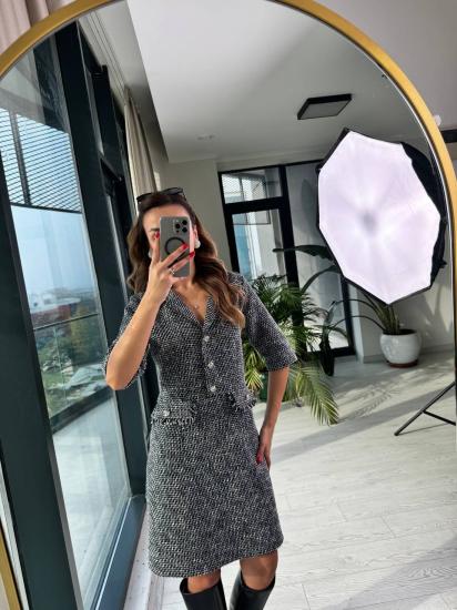 Lacivert Siyah Geçişli Metal Düğmeli Tuvid Kumaş Elbise
