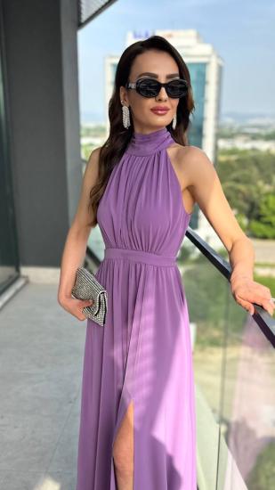 Lila Tasarım Halter Yaka Kloş Elbise