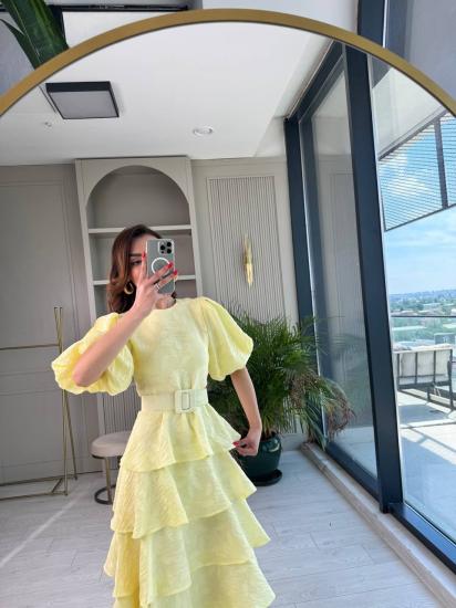 Soft Sarı %100 Pamuklu Lüks Kumaş Eteği Kat Kat Astarlı Elbise