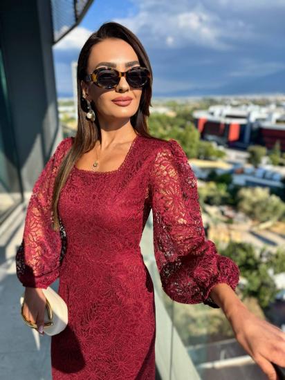 Bordo Premium Astarlı Güpür Dantel Elbise