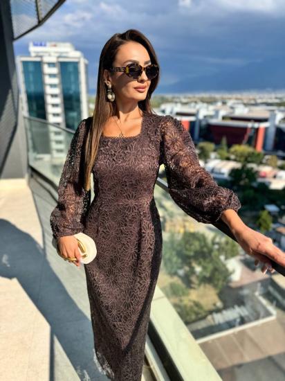 Kahverengi  Premium Astarlı Güpür Dantel Elbise