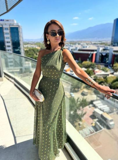 Tasarım Haki Gold Puantiyeli Astarlı Şifon Elbise