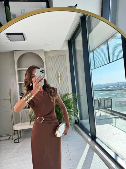 Kahverengi Zara Model Bel Tokalı Lüks Atlas Kumaş Kalem Elbise