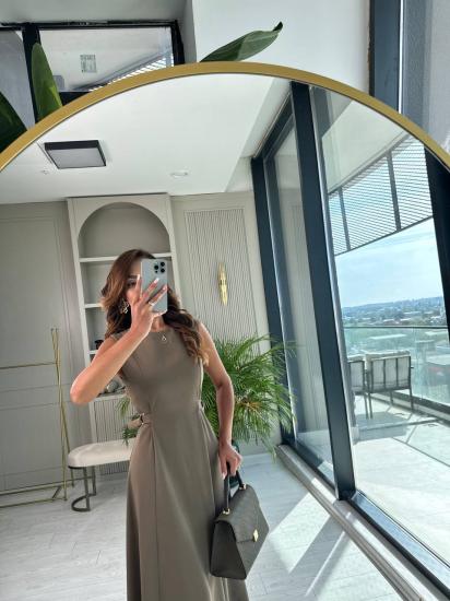 Haki Bel Kemer Detaylı Double Crep Kumaş Midi Boy Elbise