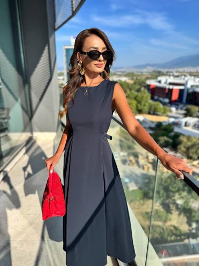 Lacivert Bel Kemer Detaylı Double Crep Kumaş Midi Boy Elbise