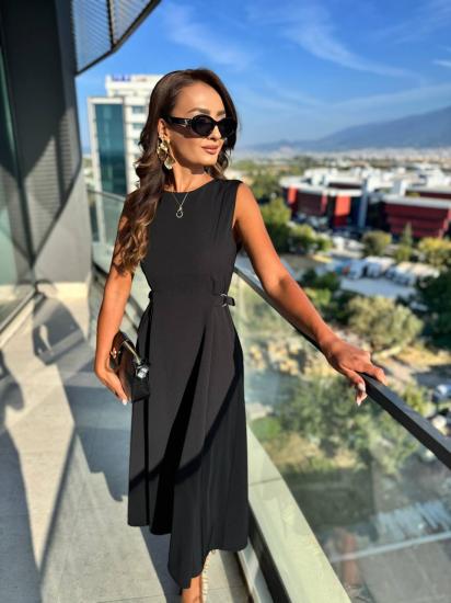 Siyah Bel Kemer Detaylı Double Crep Kumaş Midi Boy Elbise