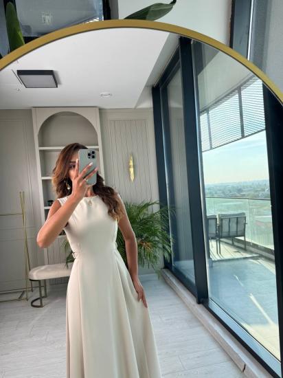 Taş Rengi Bel Kemer Detaylı Double Crep Kumaş Midi Boy Elbise