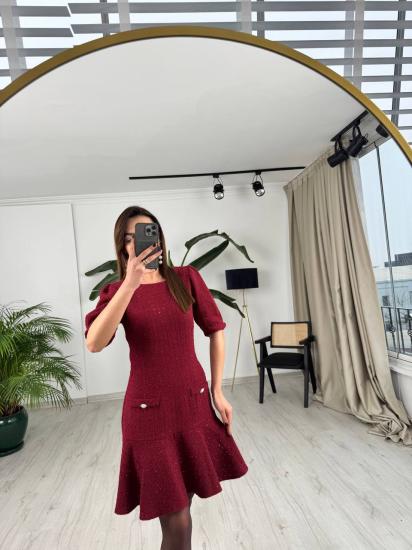 Bordo Kol Detay İnci Düğmeli Tuvid Kumaş Elbise