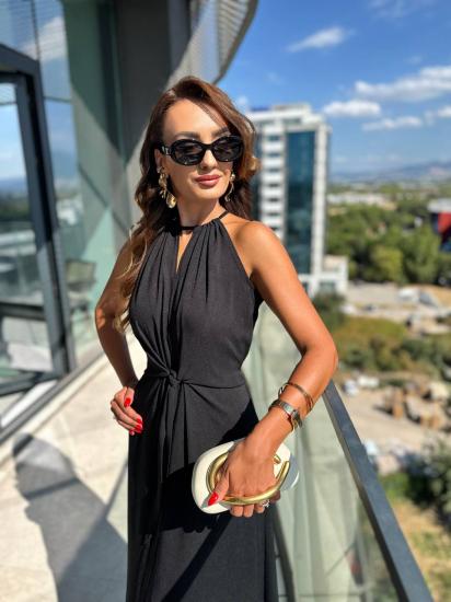 Siyah Desenli Bağlama Detaylı Halter Yaka Pamuk Saten Elbise