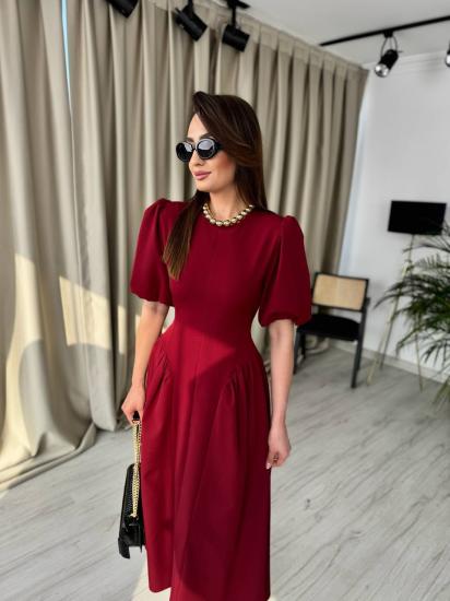 Tasarım Bordo Bel Korseli Double Atlas Kumaş Elbise