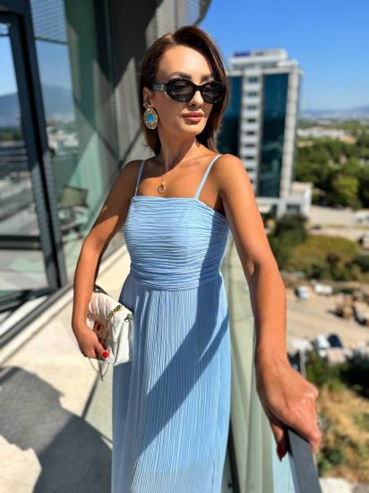 Mavi İnce Piliseli Astarlı Şifon Elbise