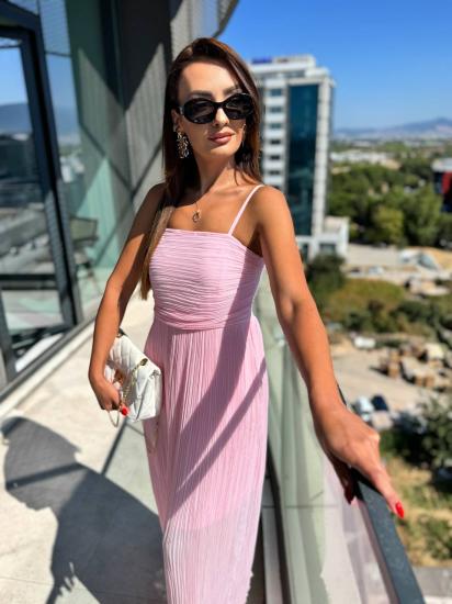 Pembe İnce Piliseli Astarlı Şifon Elbise