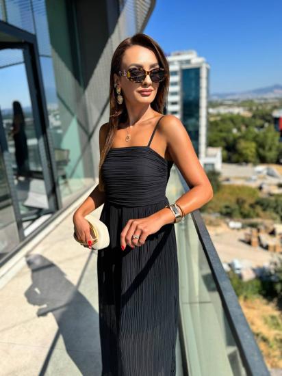 Siyah İnce Piliseli Astarlı Şifon Elbise