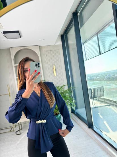 Lacivert Bel Aksesuar Detay Vatkalı Lüks Kalite Bluz