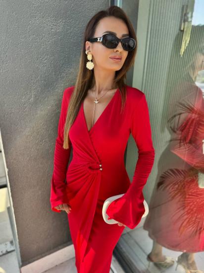 Kırmızı Bel Metal Aksesuarlı Kruvaze İthal Likralı Candy Kumaş Elbise