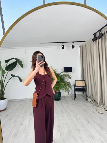 Bordo Top Düğmeli Premium İpekli Krep Kumaş Pantolon Yelek Takım