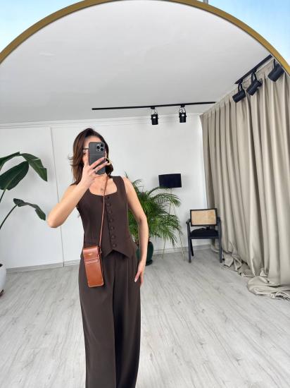 Kahverengi Top Düğmeli Premium İpekli Krep Kumaş Pantolon Yelek Takım